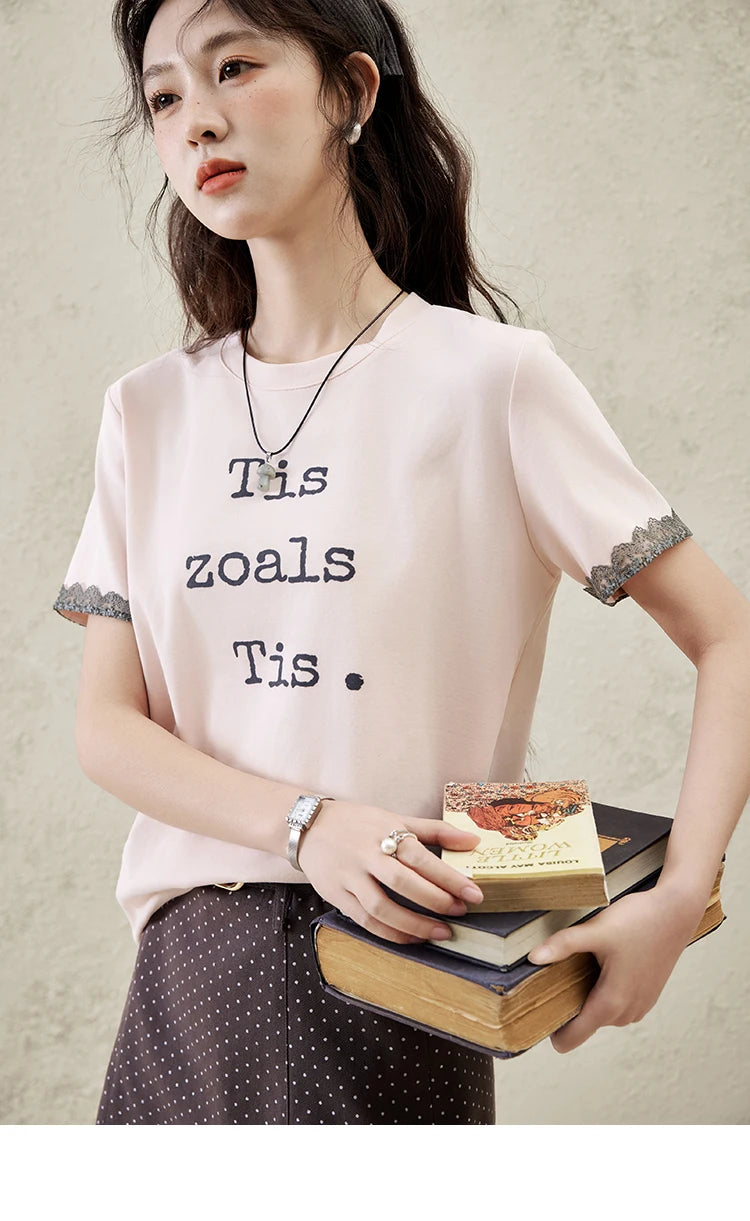MISHOW Casual Pink Letter T-shrit Women Summer 2025 New Short Sleeve Round Neck Shirts Woman Fashion Lace Tops Lady MXE32T0529