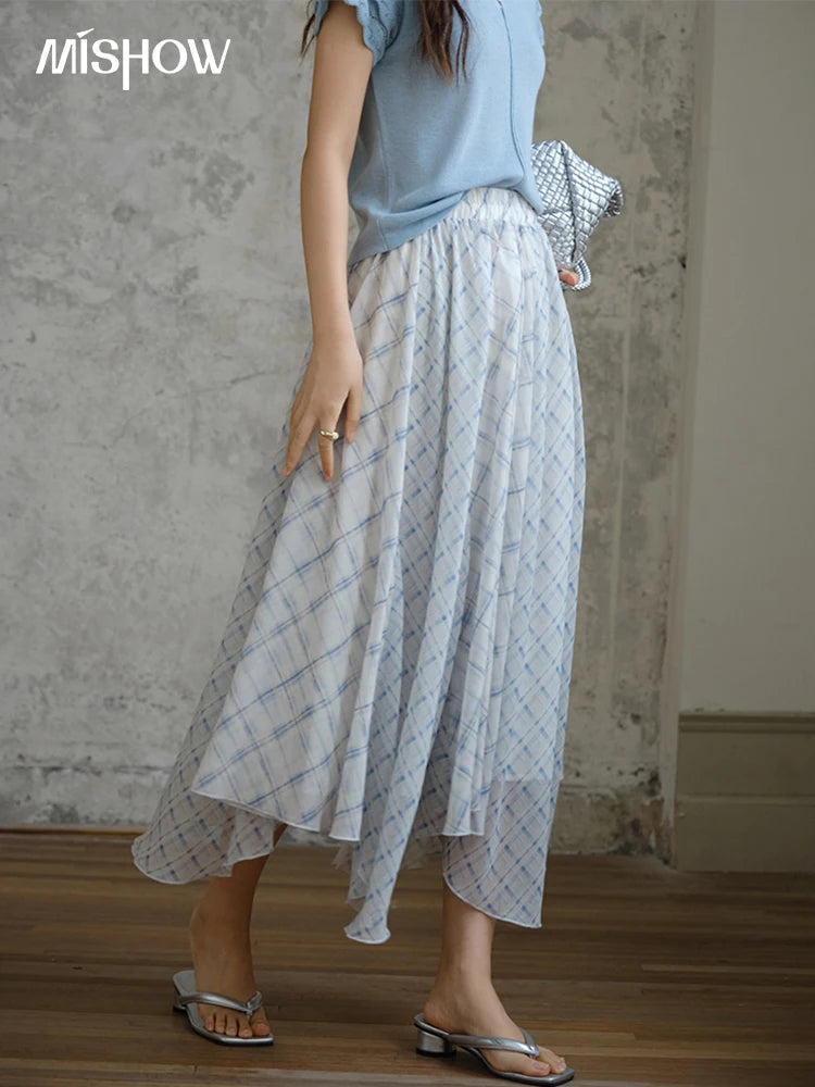 MISHOW Patchwork Plaid Chiffon Half Skirt for Women 2025 Summer Fashion Irregular Wave Edge High Waist A-line Skirt MXE34B0739