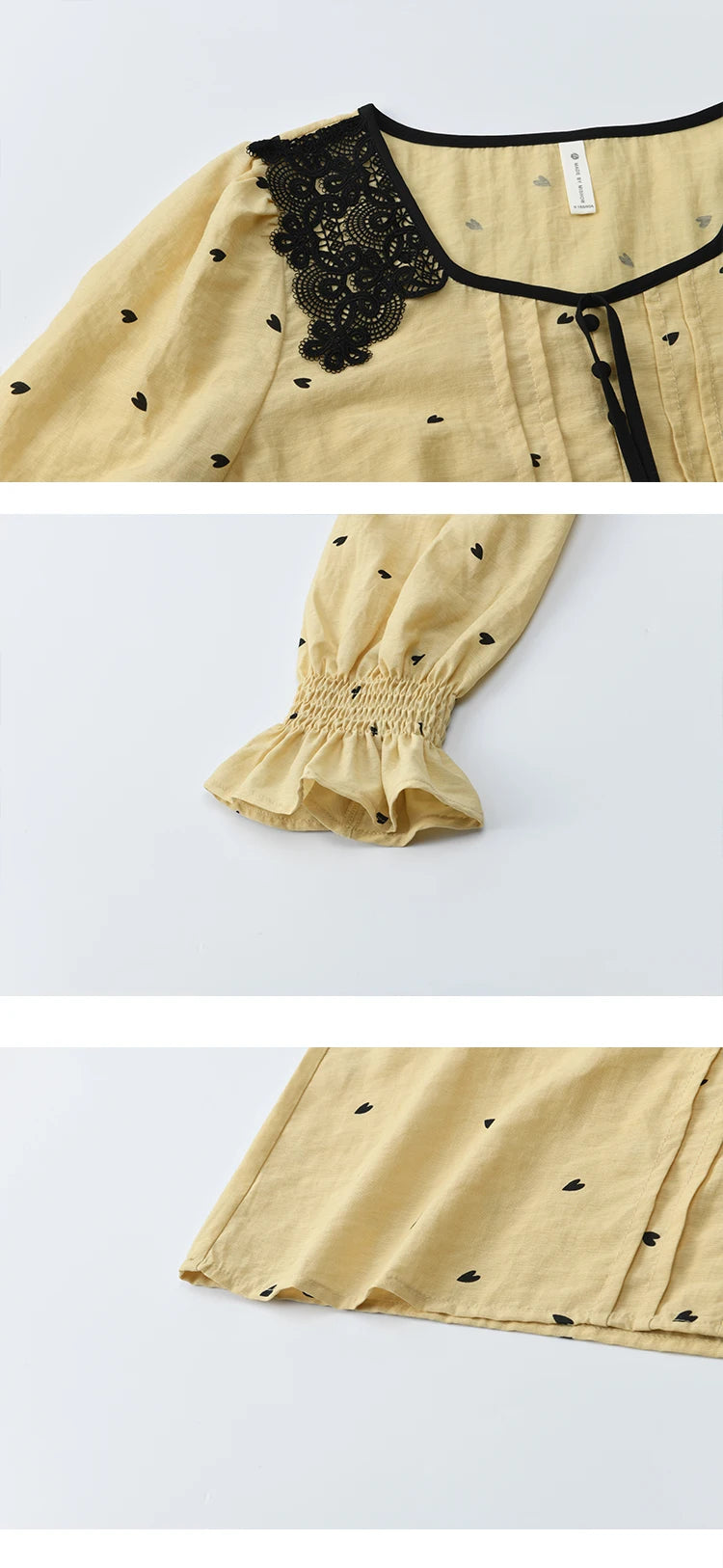 MISHOW Women's Yellow Heart Printed Shirt Autumn Lace Hollowed Out Collar Bubble Sleeve Top Lace-up Commuter Shirts MXE41X1949