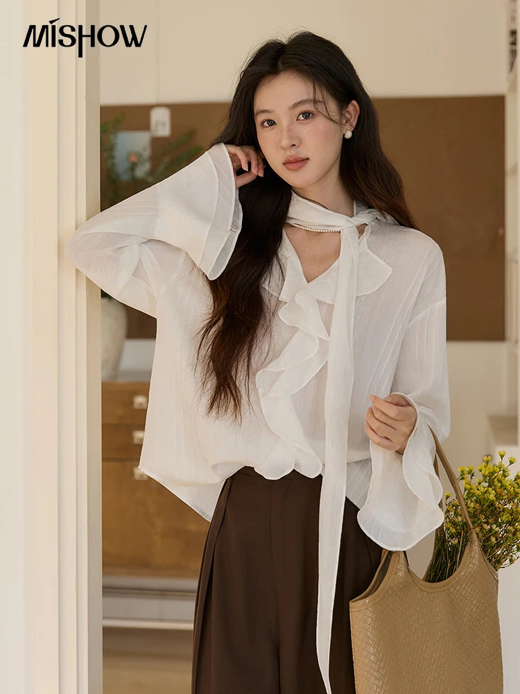 MISHOW Women's Ruffle Trim Chiffon Blouse with Detachable Scarf 2026 Spring Long Sleeve Loose Fit Casual White Top MXF108X0999