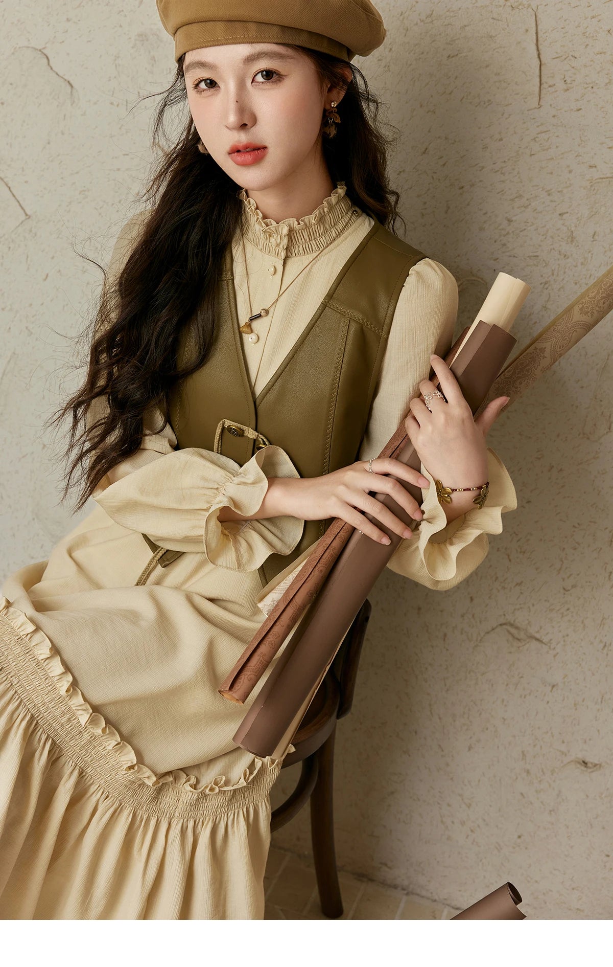 MISHOW French Stand Neck Elasticity Dress 2024 Autumn Waist Elegant A-line Dresses Elastic Lotus Leaf Sleeves Dress MPD42L2036