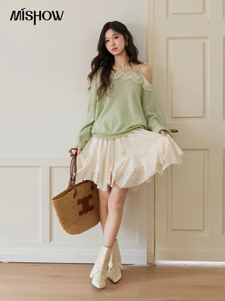 MISHOW Women's Beige Apricot Lace Midi Skirt 2026 Spring High Waist Flowy A-Line Skirts Irregular Romantic Skirt MXF108B0768