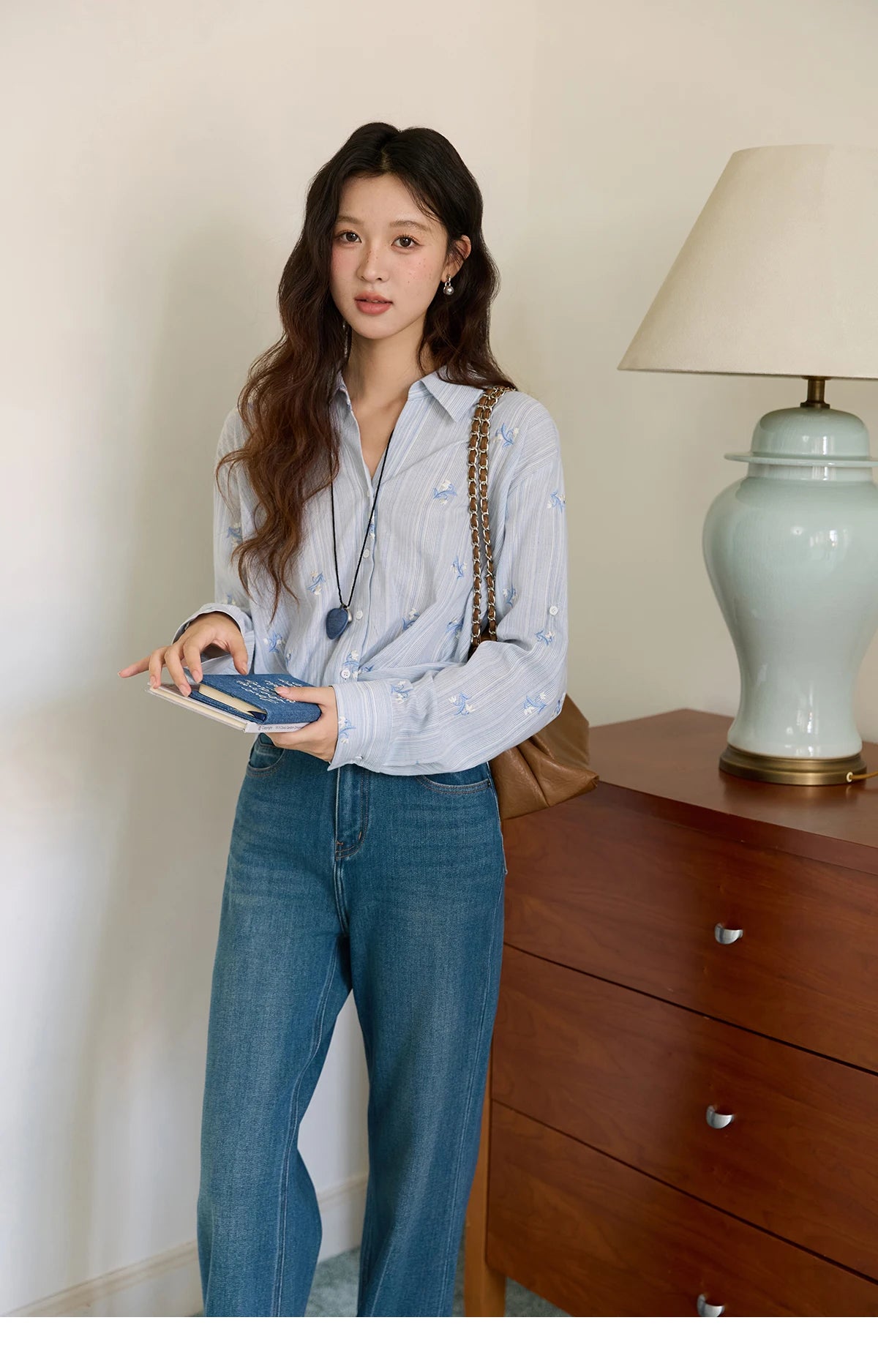 MISHOW Long Sleeve Shirts for Woman 2025 Autumn Retro Blue Single-breasted Blouse Floral Embroidery Casual Tops MXE45X2495