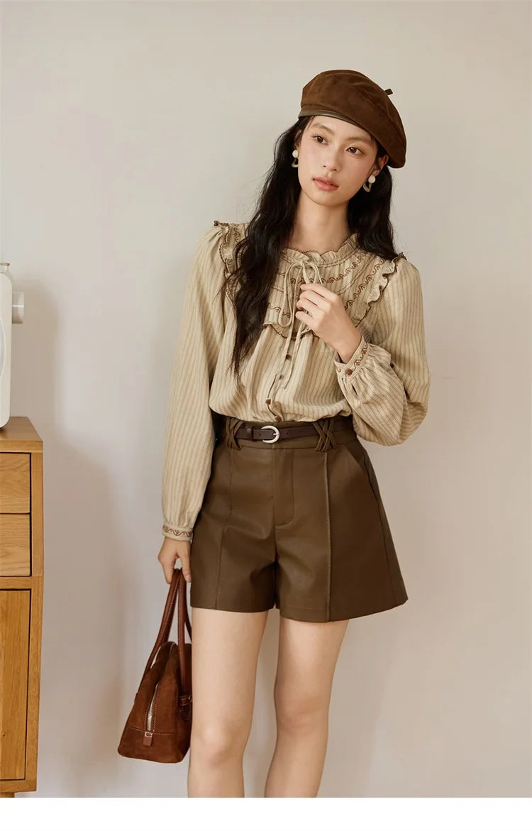 MISHOW Women's PU Leather Shorts Autumn 2025 Slanted Pocket Versatile Short Pants A-line Waist Shorts Excluding Belt MXE48K1086