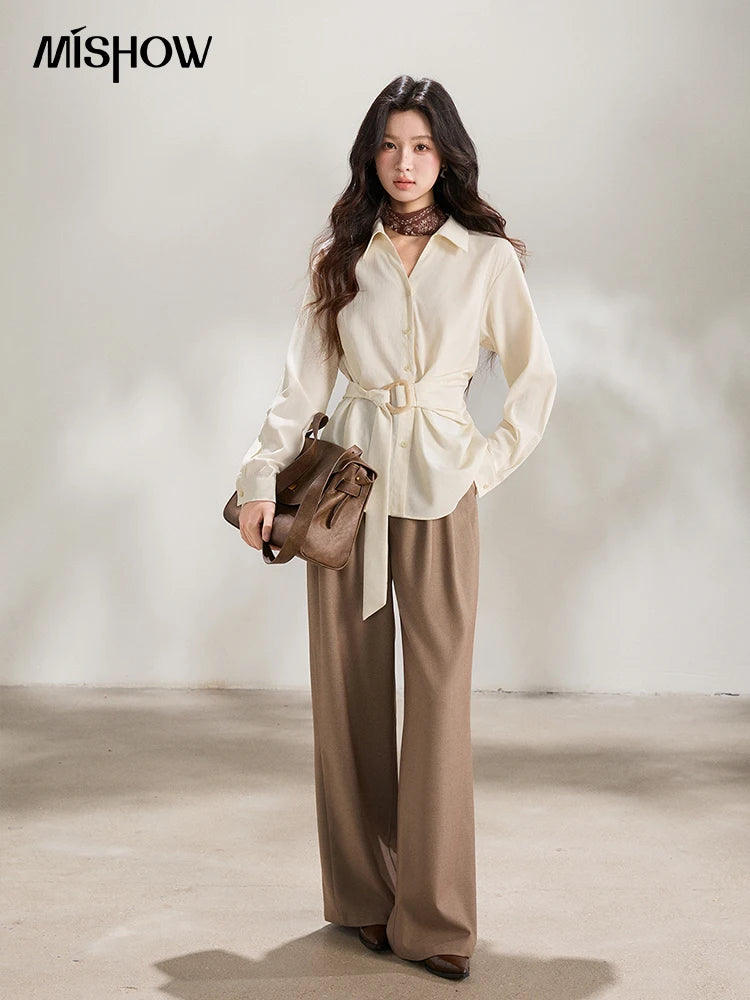 MISHOW Women's Lapel Collar Long Sleeve Shirt 2026 Spring with Belted Waist Casual Loose Soft Beige Shirt Office Lady MXF13C2452