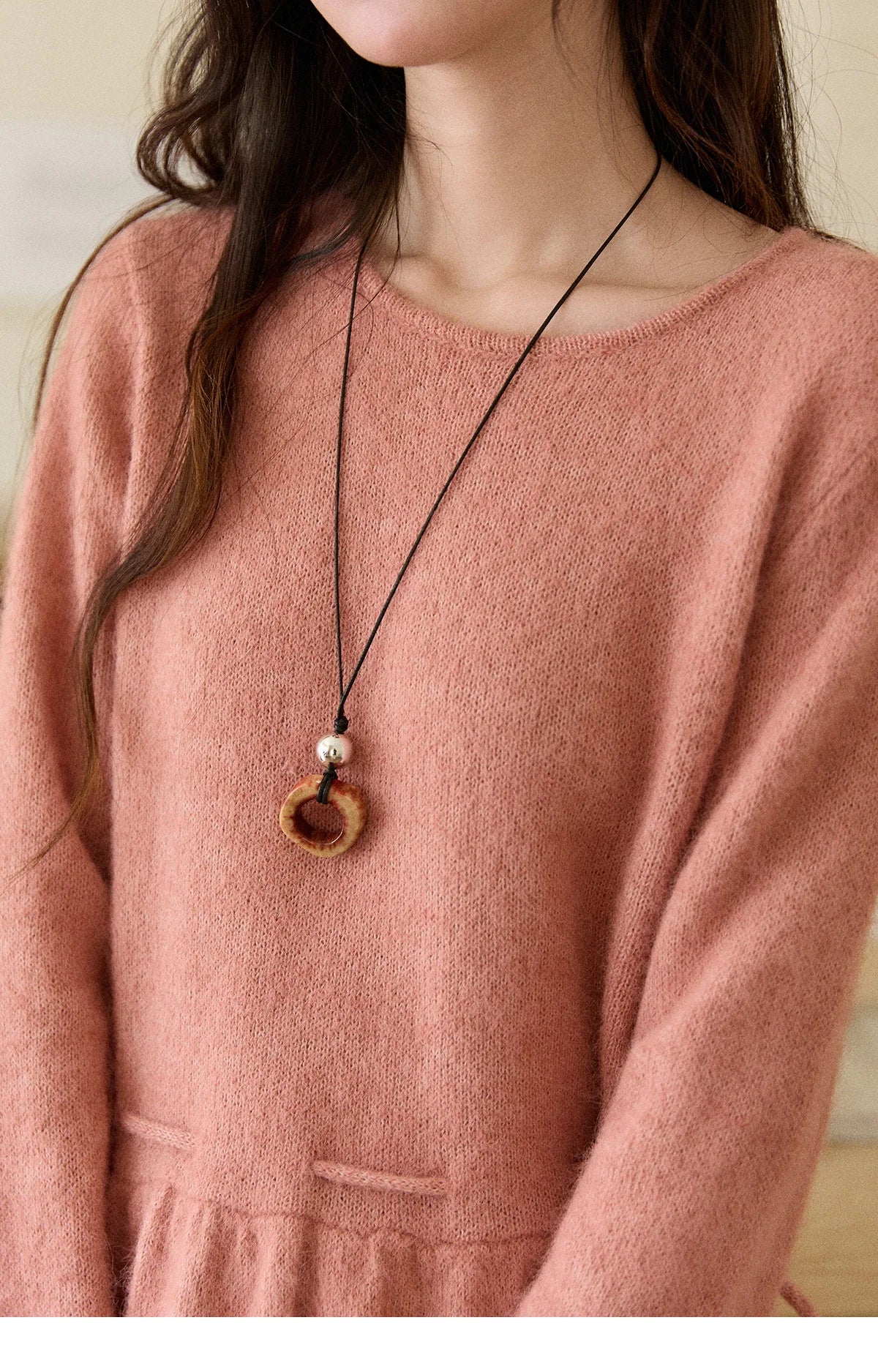 MISHOW Women's Pink Sweater 2025 Winter French Style Round Neck Knit Top Ruffled Hem with Drawstring Belt Pullover MXE90Z2824