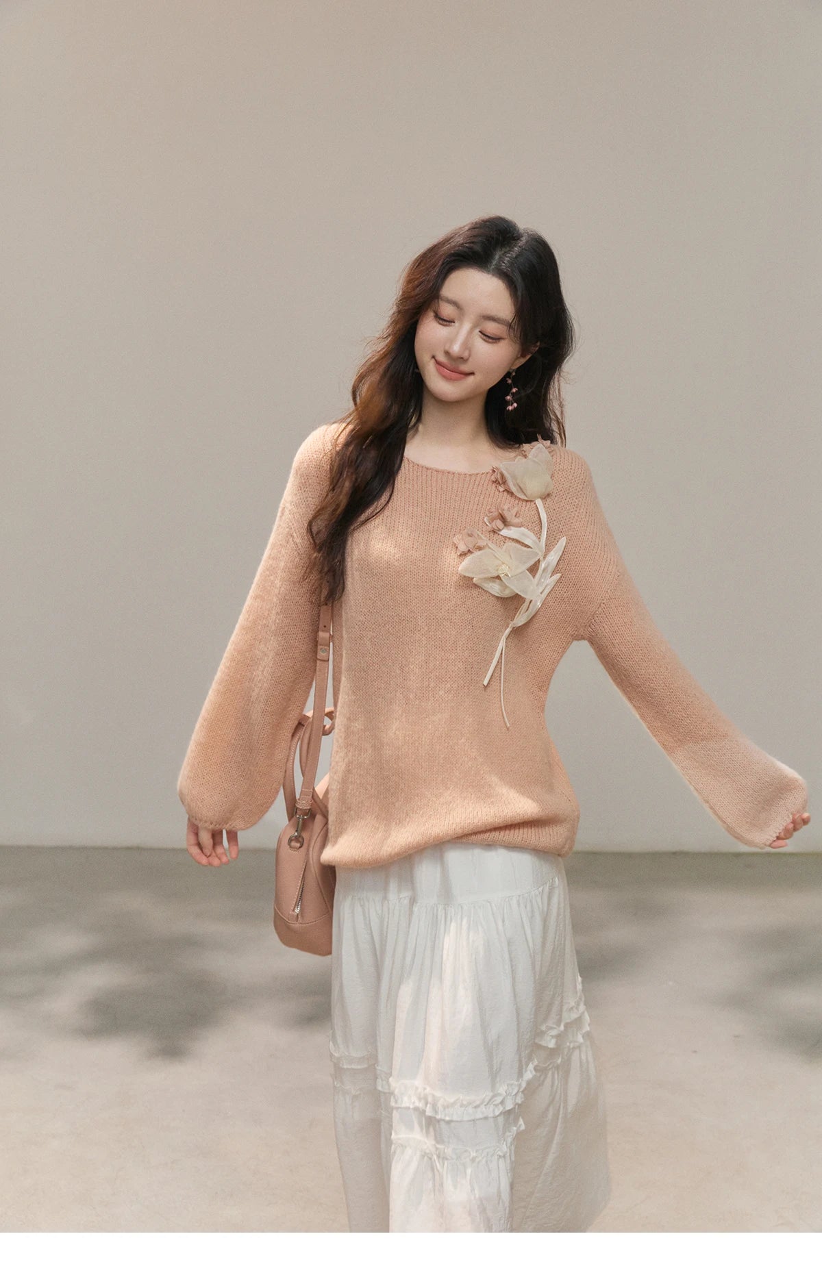 MISHOW 3D Floral Applique Crew Neck Knit Thin Sweater 2026 Spring Loose Casual Elegant Top Soft Pinkish Beige Sweater MXE47Z2649