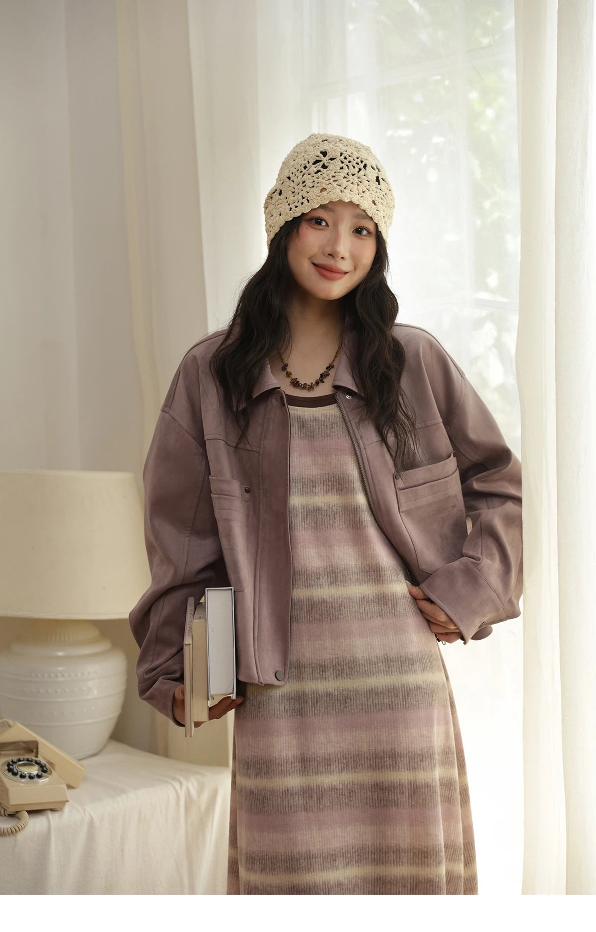 MISMHOW Taro Purple Leather Jacket Autumn 2025 Contrasting Splic Short Jackets Symmetrical Double-layer Pocket Coat MXE44W0816