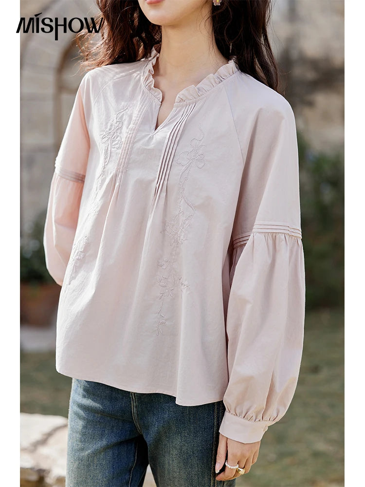 MISHOW Pink French Shirt Women Autumn New 2025 Long Sleeve Solid Cotton Ruffled Blouses Woman Fashion Loose Tops Lady MXE13X1699