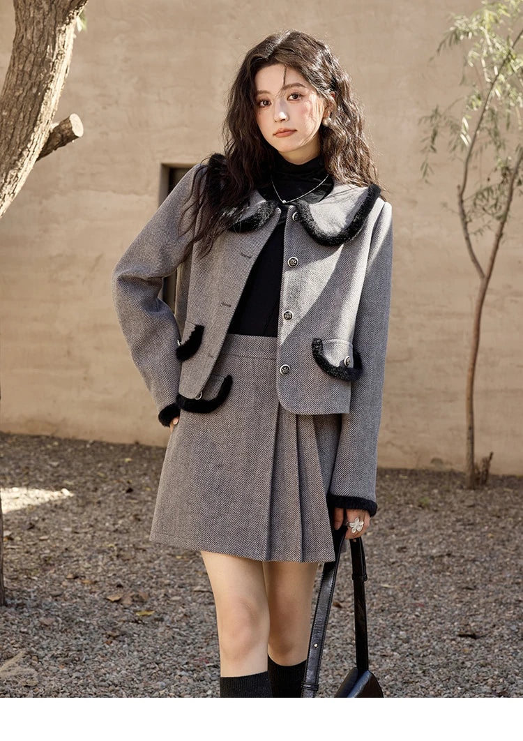 MISHOW Plaid Tweed Jacket Short Skirt Separately Women 2024 Winter Fashion Korean Collar Jacket Half Pleated Skirt MXD43W0442