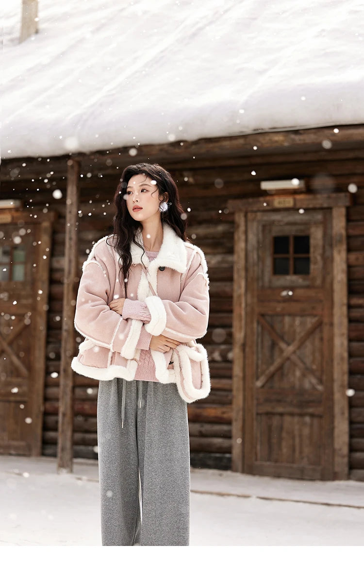 MISHOW Leather Fur Coat Fur Collar with Bag Women Winter Clothes Suede Plush Jacket Pocket Soft Thickened Warm Tops MXD57W0737