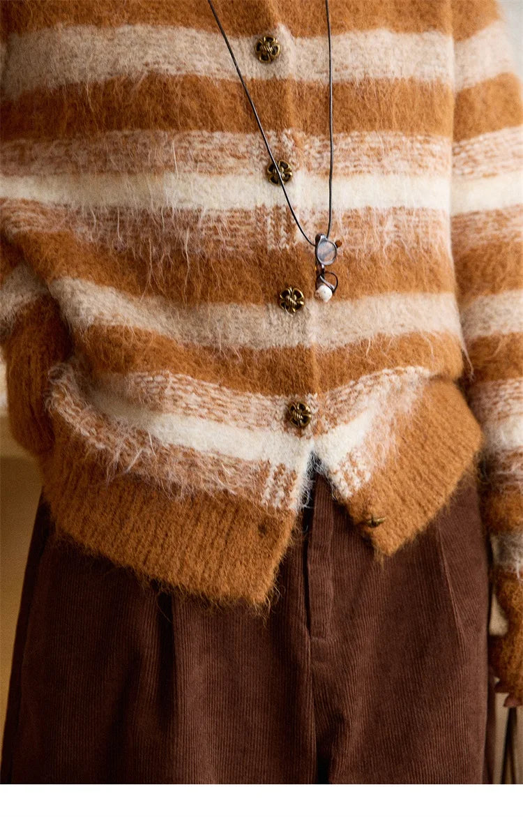 MISHOW Women's Cardigan Wool 2025 Winter Retro Striped Round Neck Long Sleeved Knitted Top Warm Comfortable Cardigan MXE87Z2723