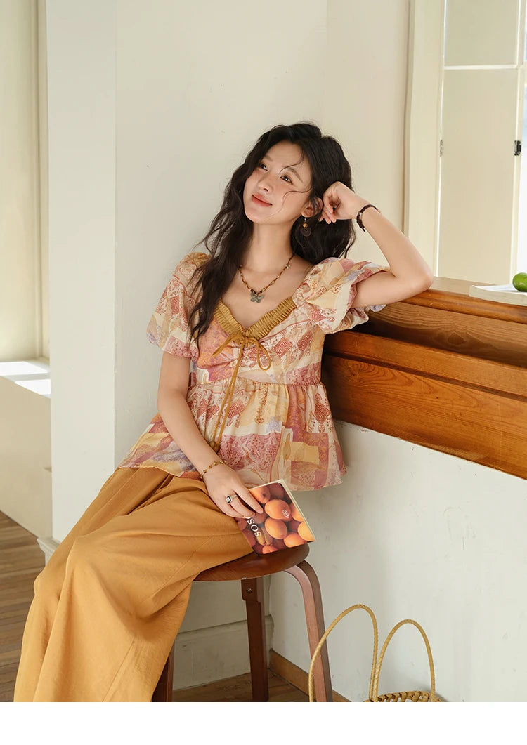 MISHOW V-neck Lace Up Patchwork Blouses for Woman 2025 Summer New Ladies Puff Sleeve Print Loose Top Female Clothing MXE38X1911