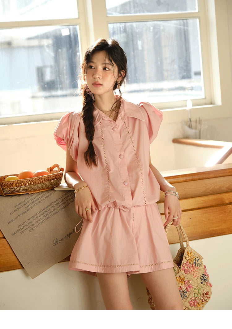 MISHOW 2 Pieces Set for Woman 2025 Summer New Loose Sweet Short Sleeve Button Shirt Casual Shorts Set Ladies Clothing MXE34T0591