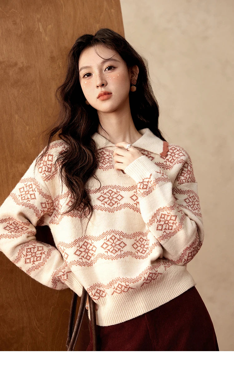 MISHOW Fair Isle Knitting Sweater Women Christmas Turn Down Collar Pullovers Versatile Soft Warm Office Lady Warm Top MXD59Z1042