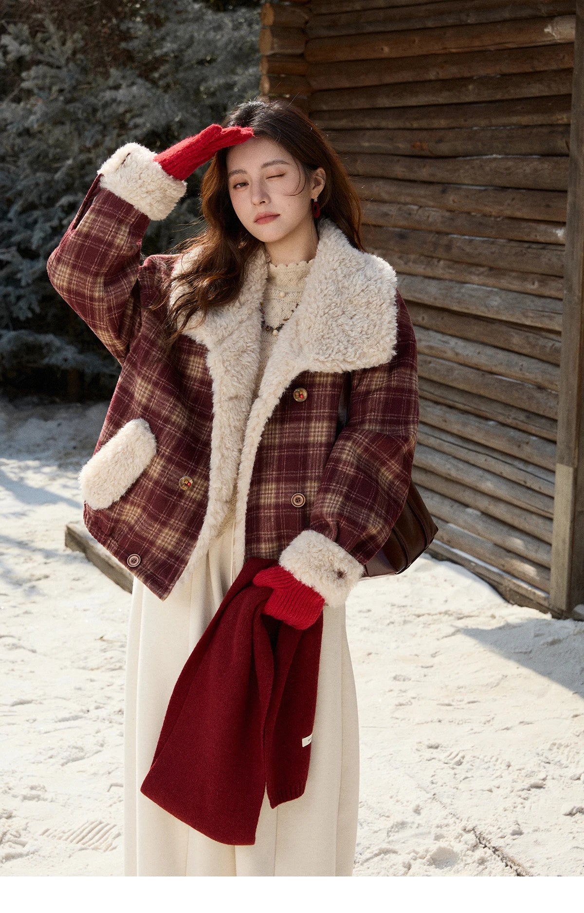 MISHOW Christmas Women's Retro Plaid Jacket 2025 Winter Large Lapel Tops Thickened Cotton-Padded Warm Short Coat MXE87W1004