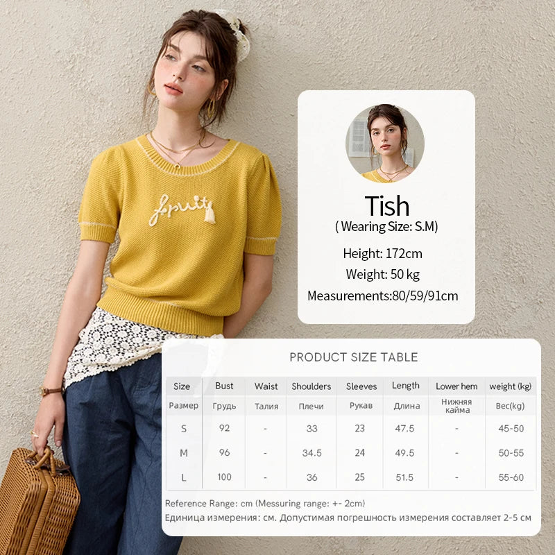 MISHOW French Knitted Pullover Women Summer 2025 Letter Short Sleeve Round Neck Slimming Sweater Female Fashion MXE33Z1219