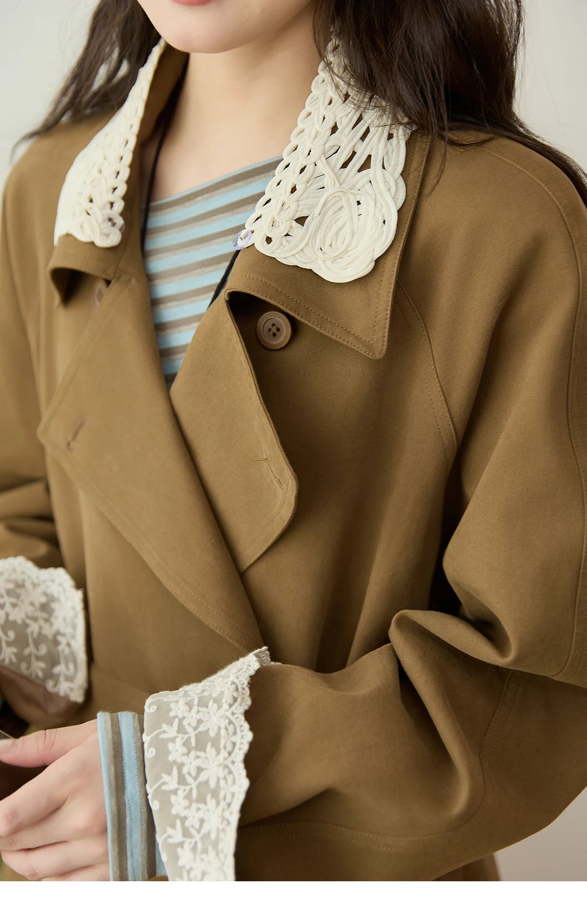 MISHOW Trench Coat Women 2025 Autumn Fashion Light Khaki Lace Long Windbreaker Jacket Long-sleeved Coat with Belt MXE45W0830