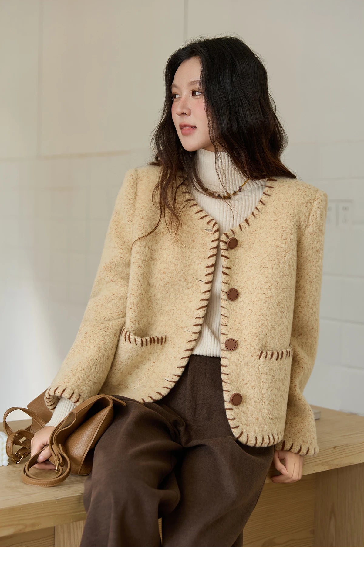 MISHOW Women Winter Jacket 2025 Fashion New Apricot Round Neck Single-breasted Wool Coat Elegant Commuting Short Coat MXE88W0885