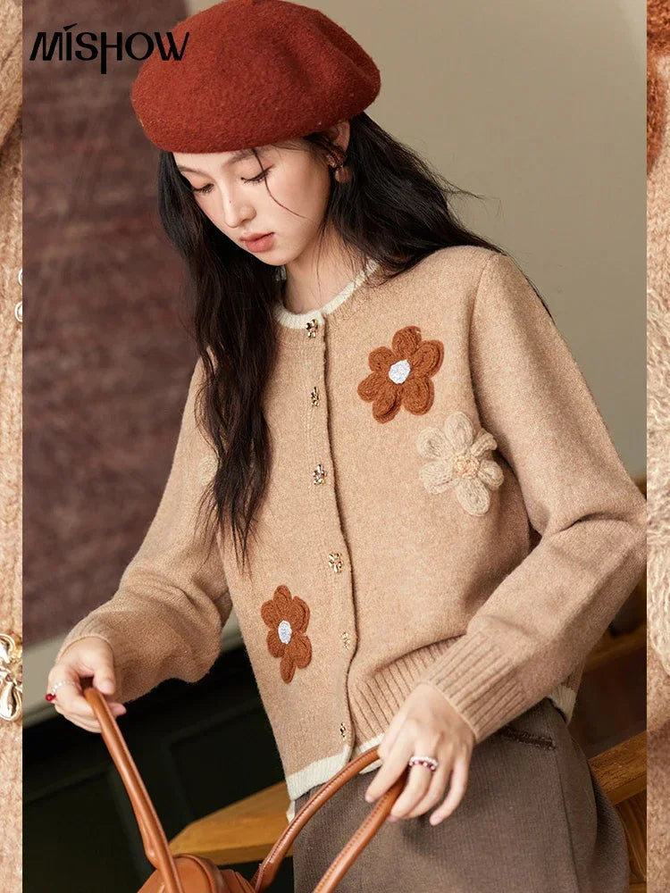 MISHOW Knitted Sweater Flower Pattern Cardigan O-Neck Color Clash Design Warm Coat Metal Buttons Sweet Soft Tops MXD56Z0919