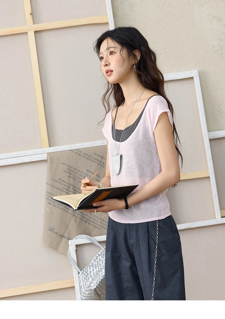 MISHOW Women's Linen Short Sleeve T-shirt 2025 Summer Contrast Color Fake Two-piece Knitted Top Thin Cool Casual Tees MXE36Z1277