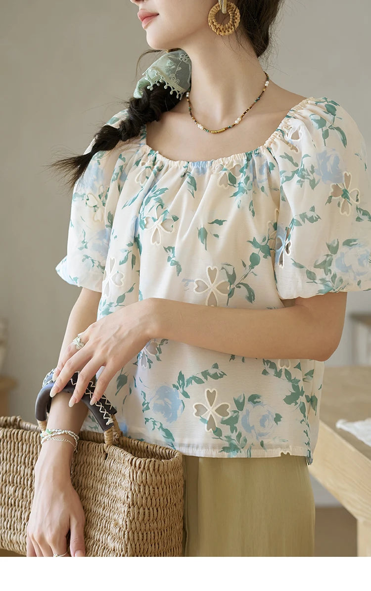 MISHOW Floral Hollow Blouse for Women 2024 Summer Korean Square Collar Elastic Blouses Sweet Puff Sleeve Loose Tops MXD29X1602