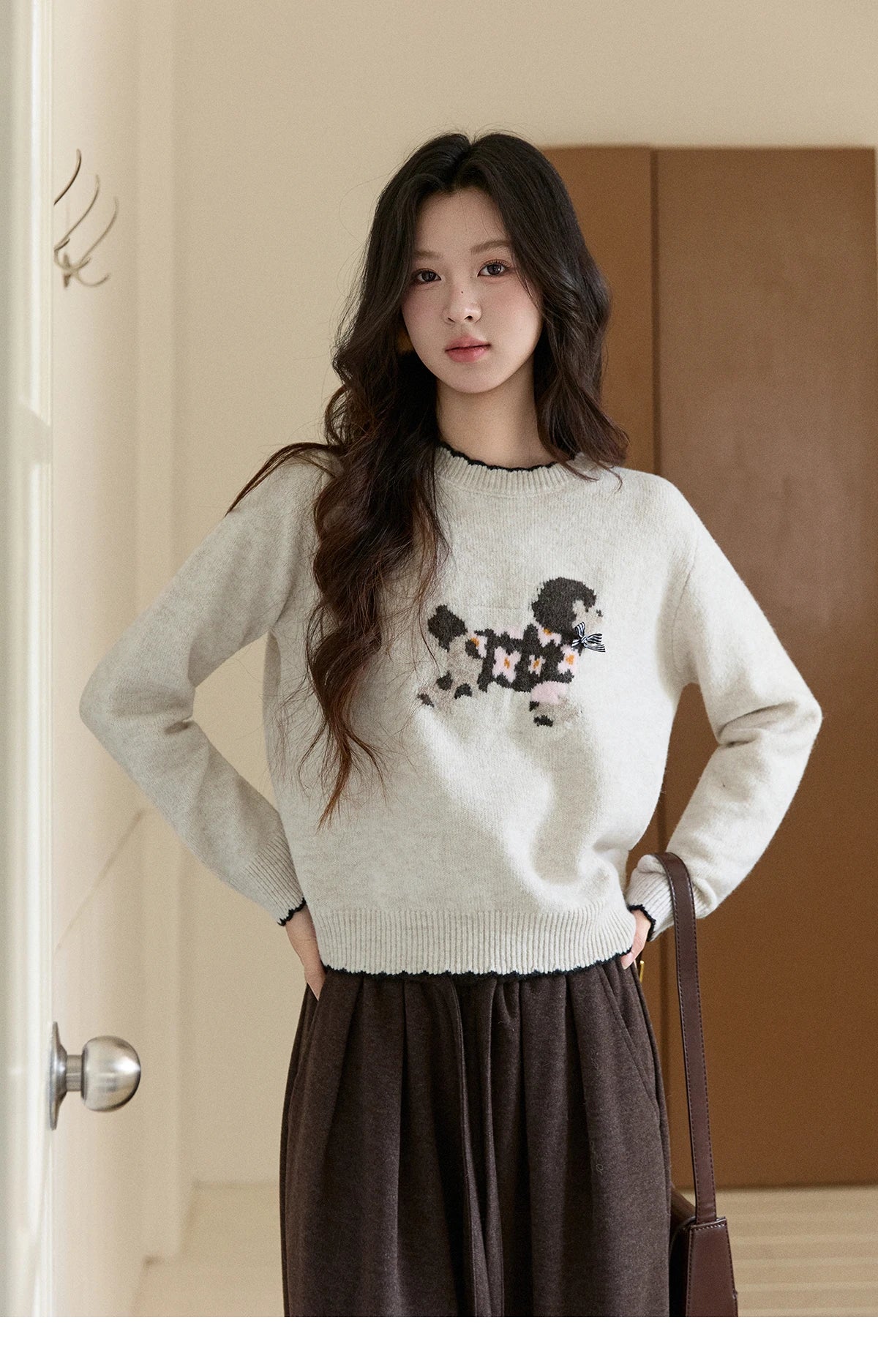 MISHOW Women's Burgundy Knitted Sweater 2025 Winter Poodle Pattern Ruffled Trim Crew Neck Sweater Warm Pullover Tops MXE93Z2949