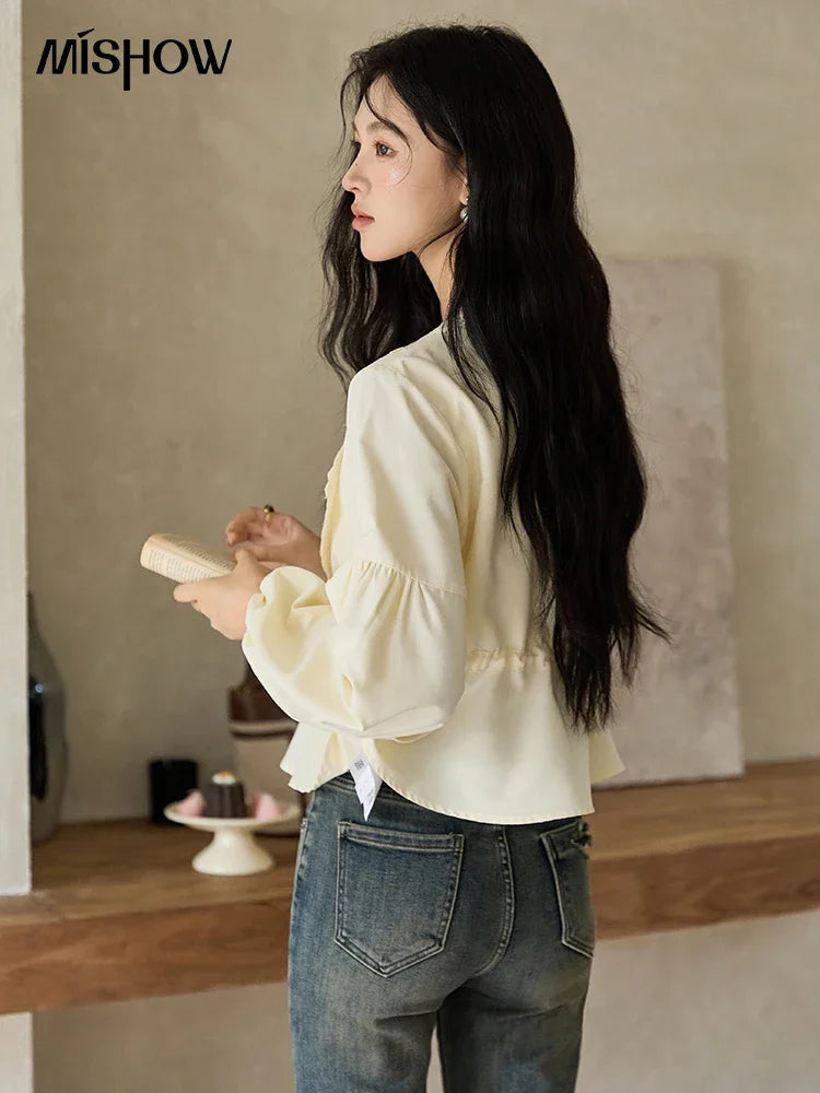 MISHOW Women's French V-neck Blouse Lace Lantern Sleeve Long-sleeved Blouses 2024 Fall Tie Drawstring Waist Slim Tops MXD45X1660