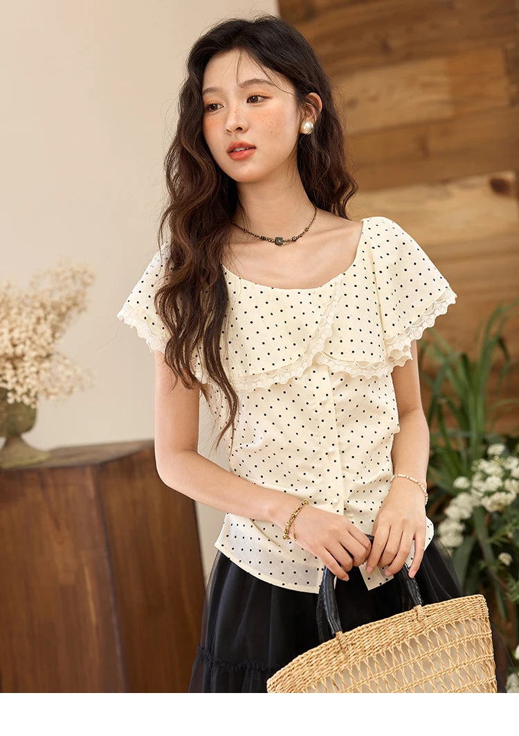 MISHOW Women's Apricot Polka Dot Shirt 2025 Summer French Ruffle Edge Patchwork Lace Shirts Short Sleeved Slim Top MXE34X1783