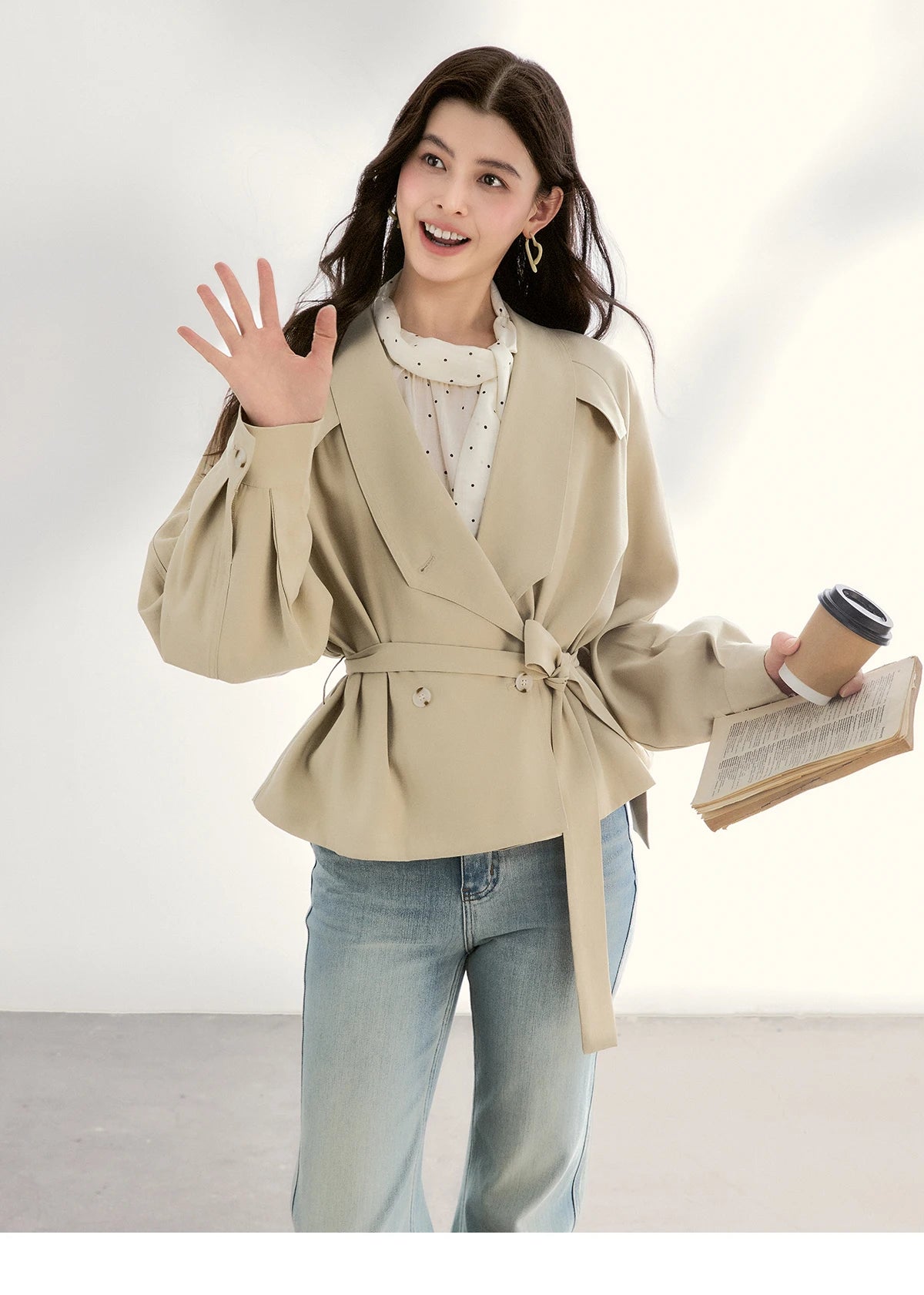 MISHOW Women's Khaki Belted Waist Coat 2026 Spring Lapel Double-breasted Coats female Casual Short Jacket Office Lady MXF13W1056