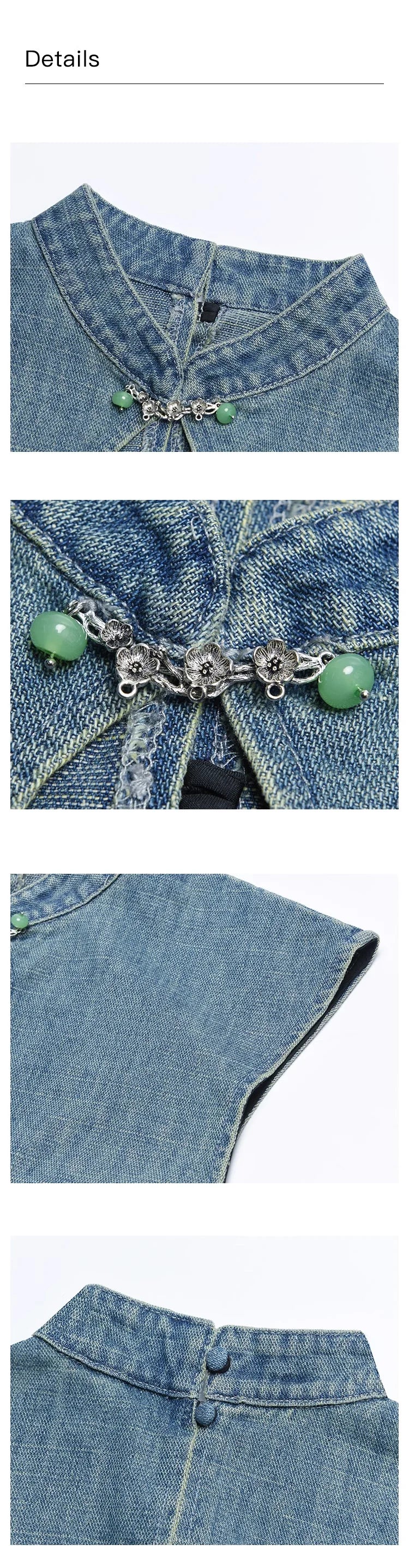 MISHOW Chinese Water Droplet Hollowed Stand Collar Vest Pleated Denim Skirt Separately Summer Retro Denim Collection MXD21X1465