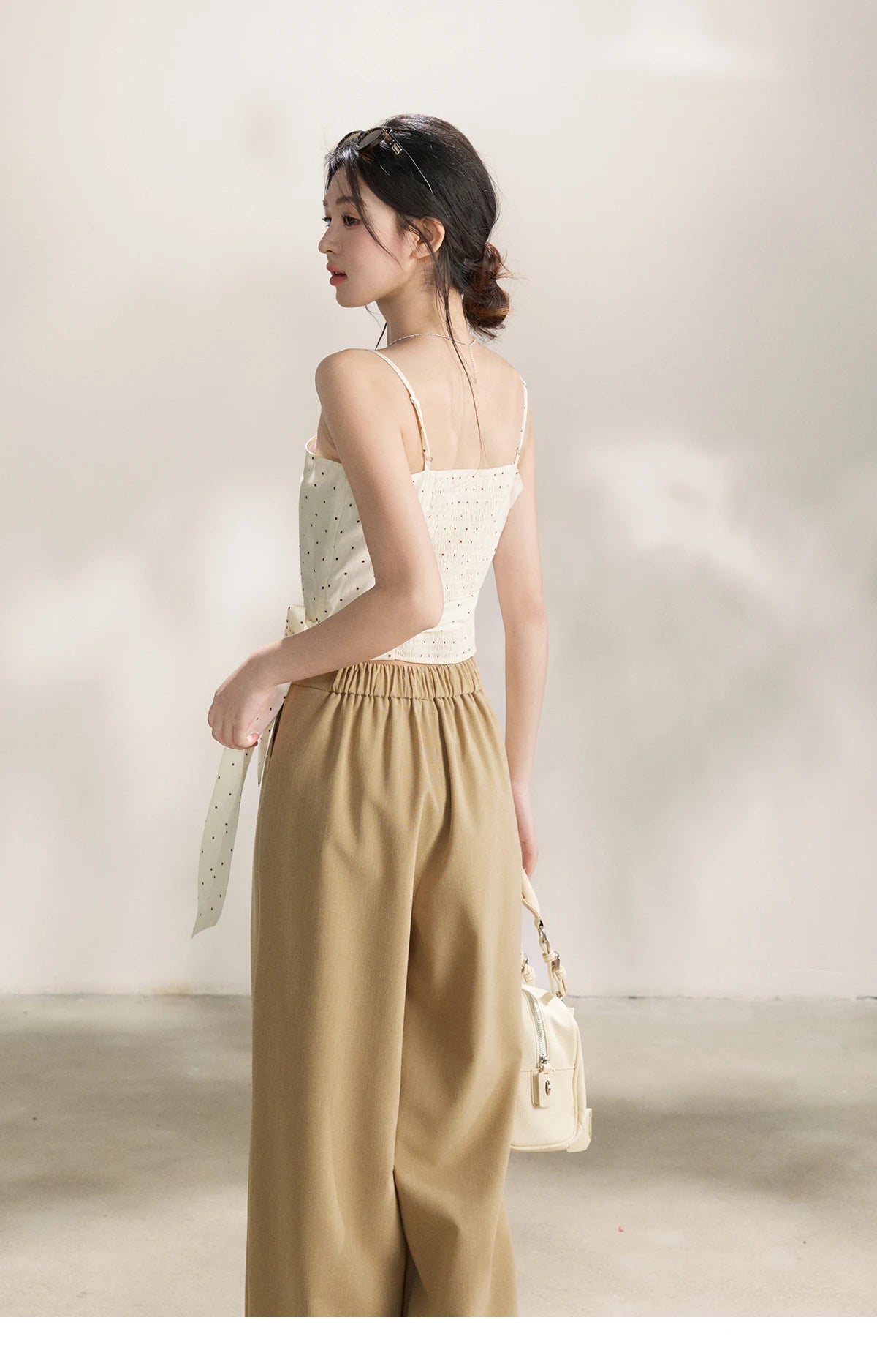 MISHOW Women's Khaki Three-Piece Set Spring Cropped Lapel Short Jacket Irregular Polka Dot Vest Wide Leg Pants Set MXF13T1478