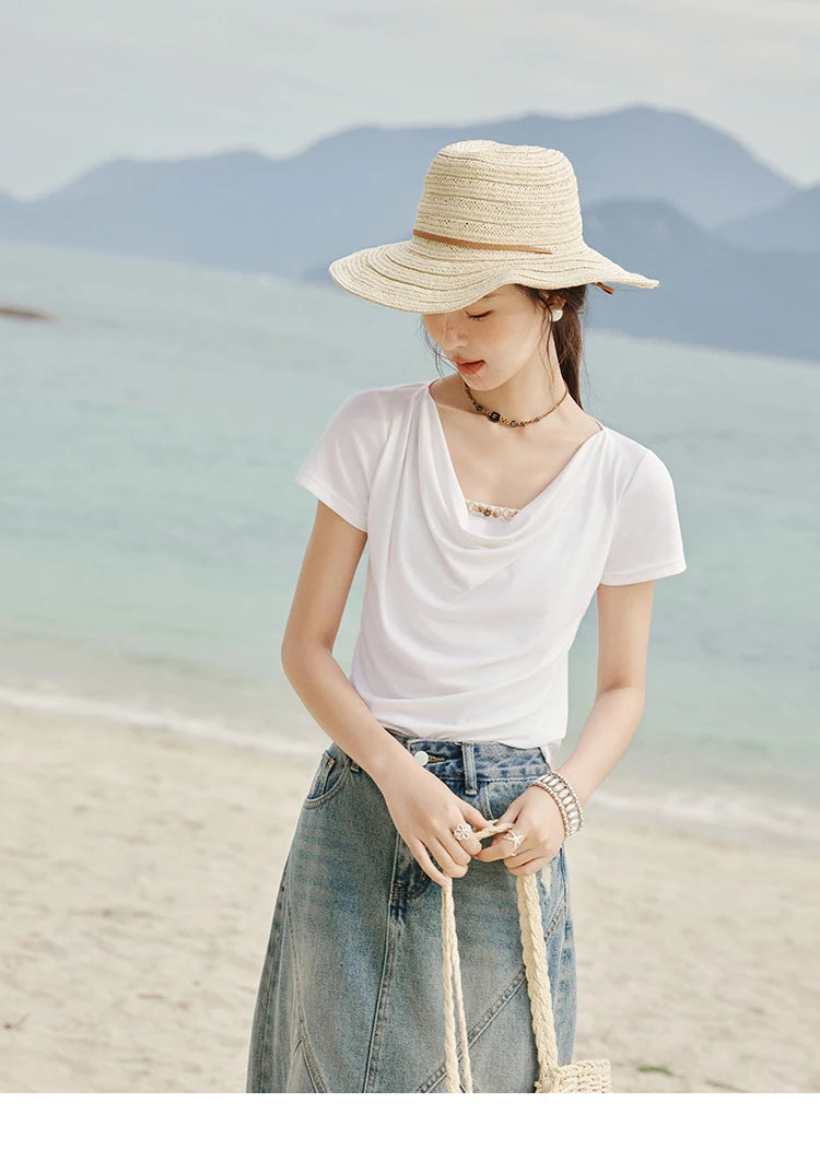 MISHOW Casual Summer Shirts Women 2025 Fashion Short Sleeve Swing Collar Solid T-shirt Female Slim Shell Ribbon Tops MXE33T0524