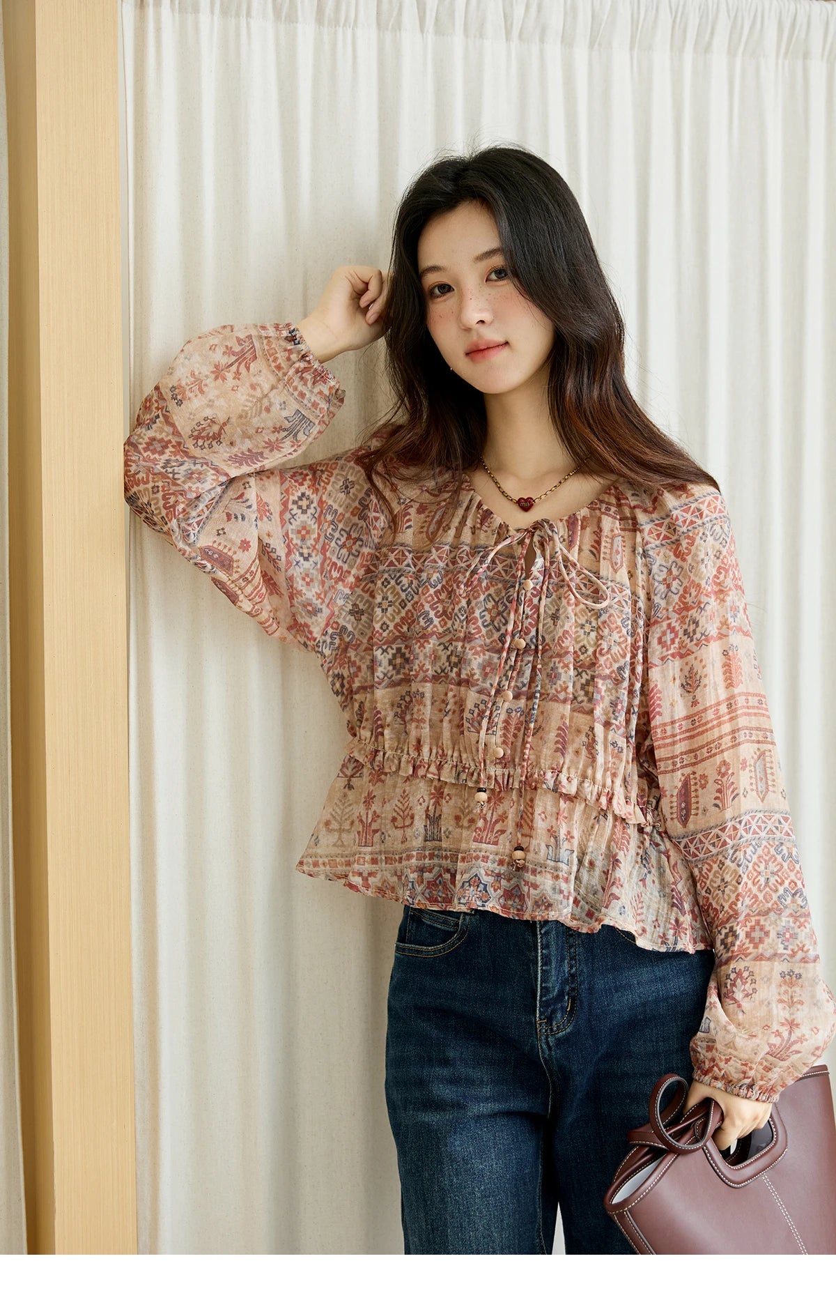 MISHOW Blouse Women 2025 National Style Printed Waist Round Neck Long-sleeved Top Commute Comfortable Autumn Blouse MXE47X2508