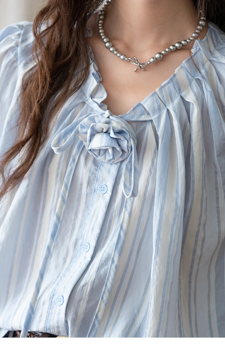 MISHOW Women's Striped Casual Shirt 2025 Summer New Lady Fashion Puff Sleeve V-Neck Button Blue Shirt Female Clothing MXE36X1870