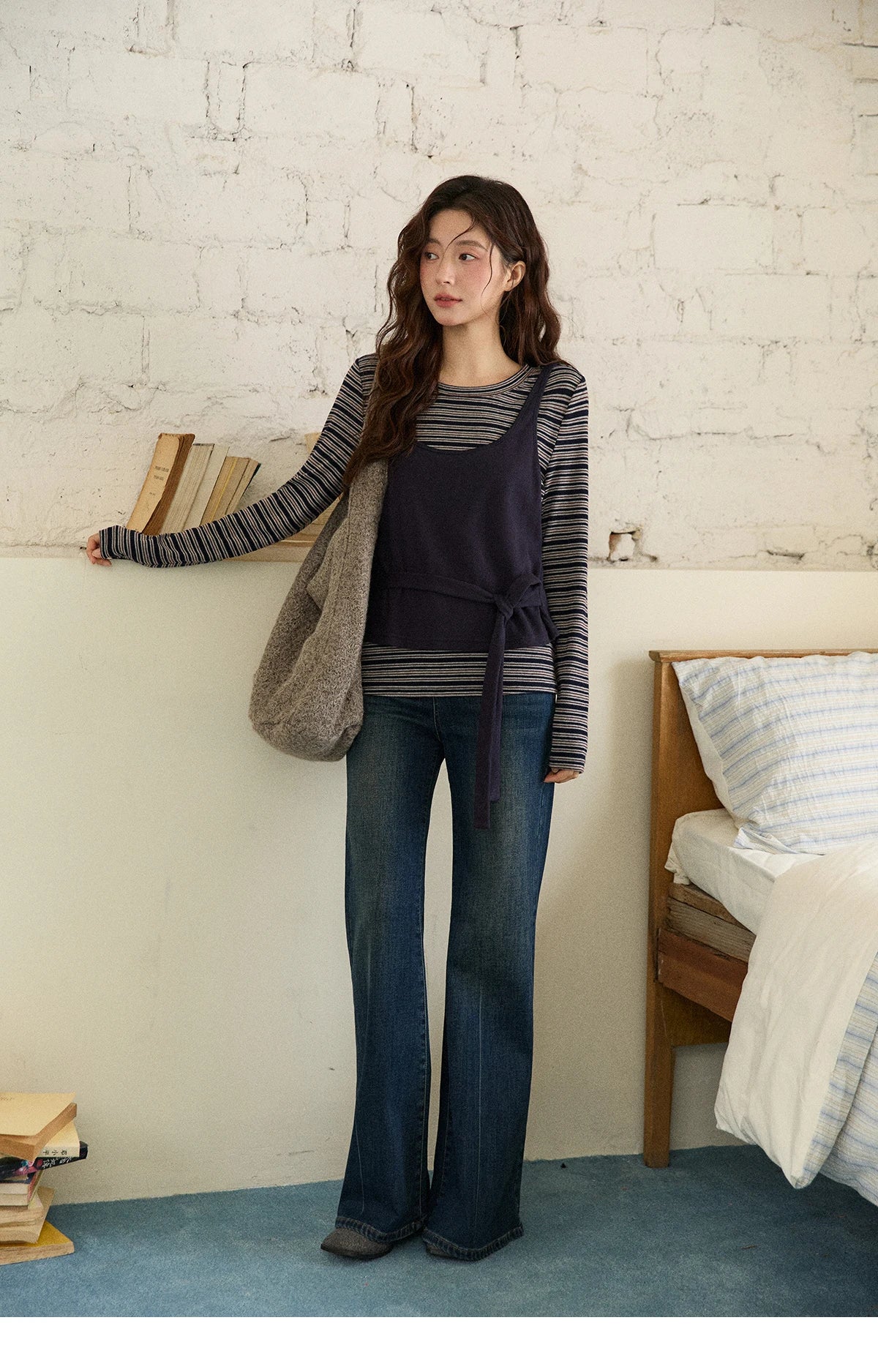 MISHOW Women's Two-Piece Set, 2025 Winter New Retro Casual Round Neck Long Sleeve Striped Top with Tie-Waist Camisole MXE87T1430