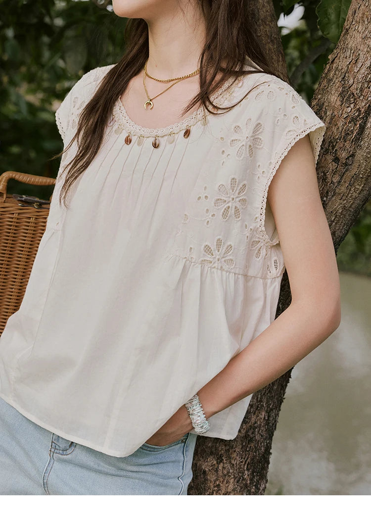 MISHOW French Summer Elegant Blouses Women 2025 Solid Short Flying Sleeve Round Neck Hollow Lace Shirts Woman Fashion MXE33X1778