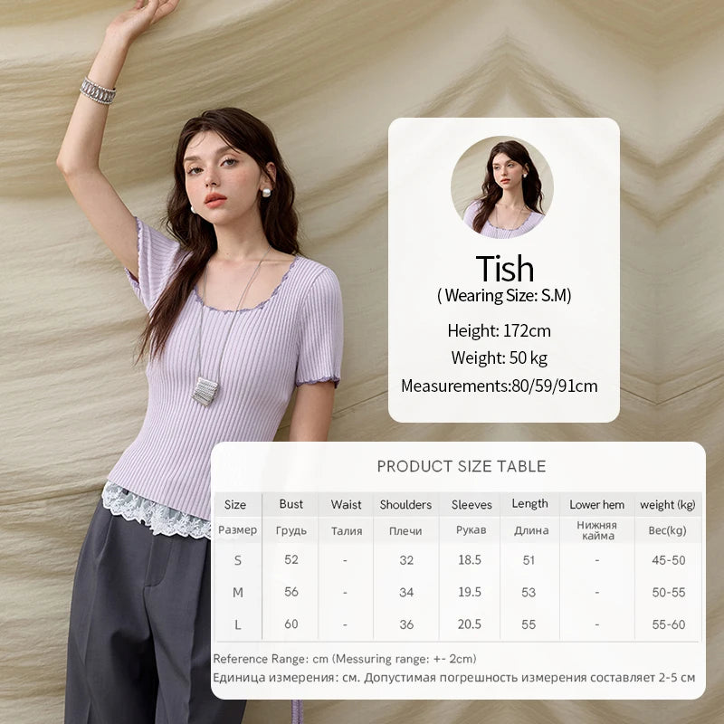 MISHOW Office Lady Summer Sweater Women 2025 New Solid Short Sleeve Lace Collar Contrast Color Hook Design Tops Slim MXE33Z1218