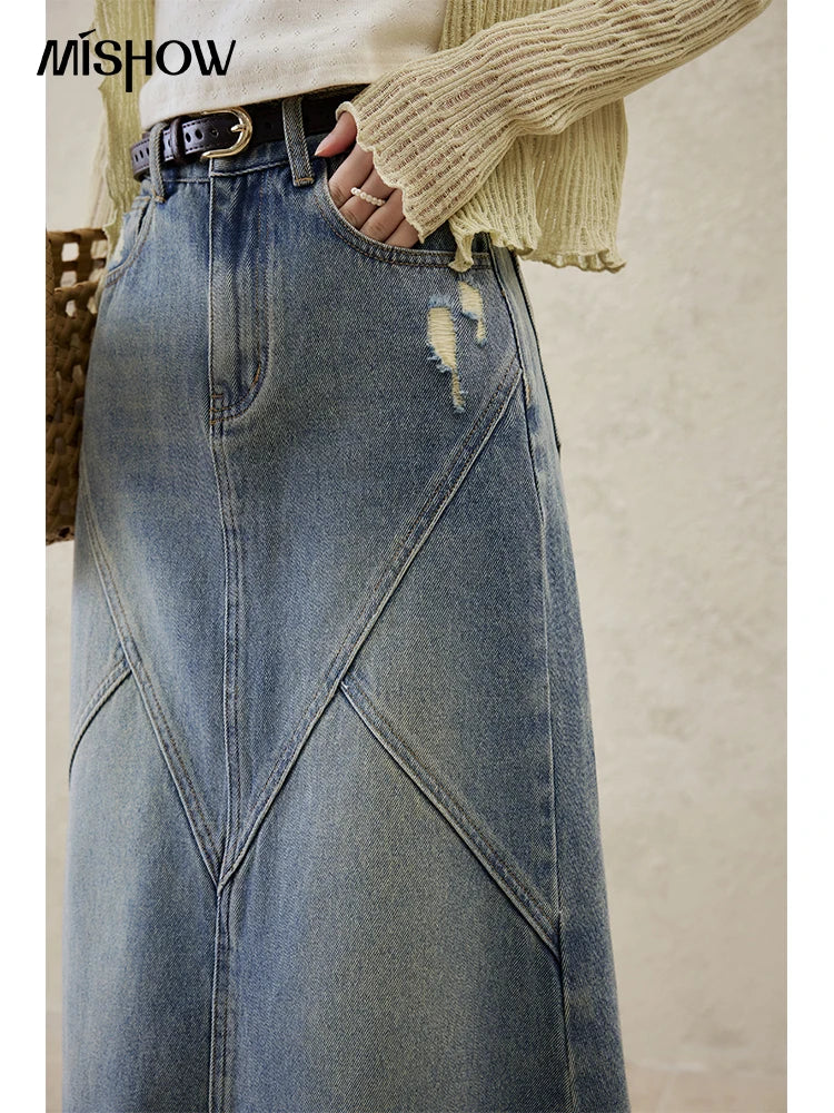 MISHOW Denim Skirt Women 2025 Spring Irregular Wash Denim Distressed Skirts Split Back Hem High Waist Commuter Skirt MXE14B0705