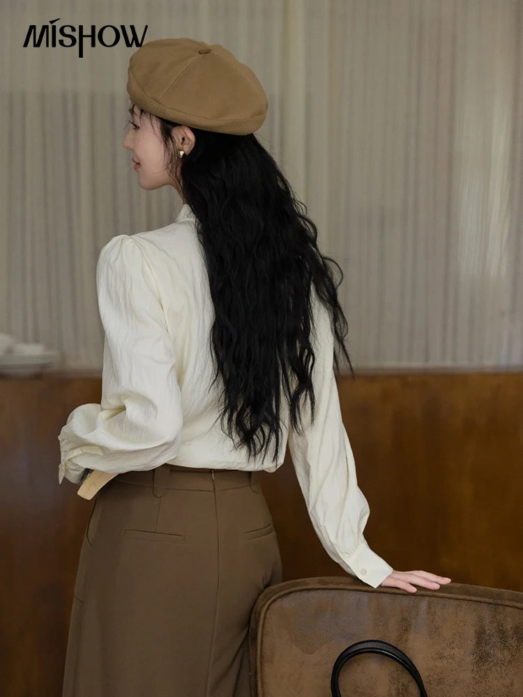 MISHOW Flower Bud Tie Lyocell Shirt for Women Autumn 2024 Temperament Solid Long Sleeve Pullover Tops Office Lady MXD42X1640