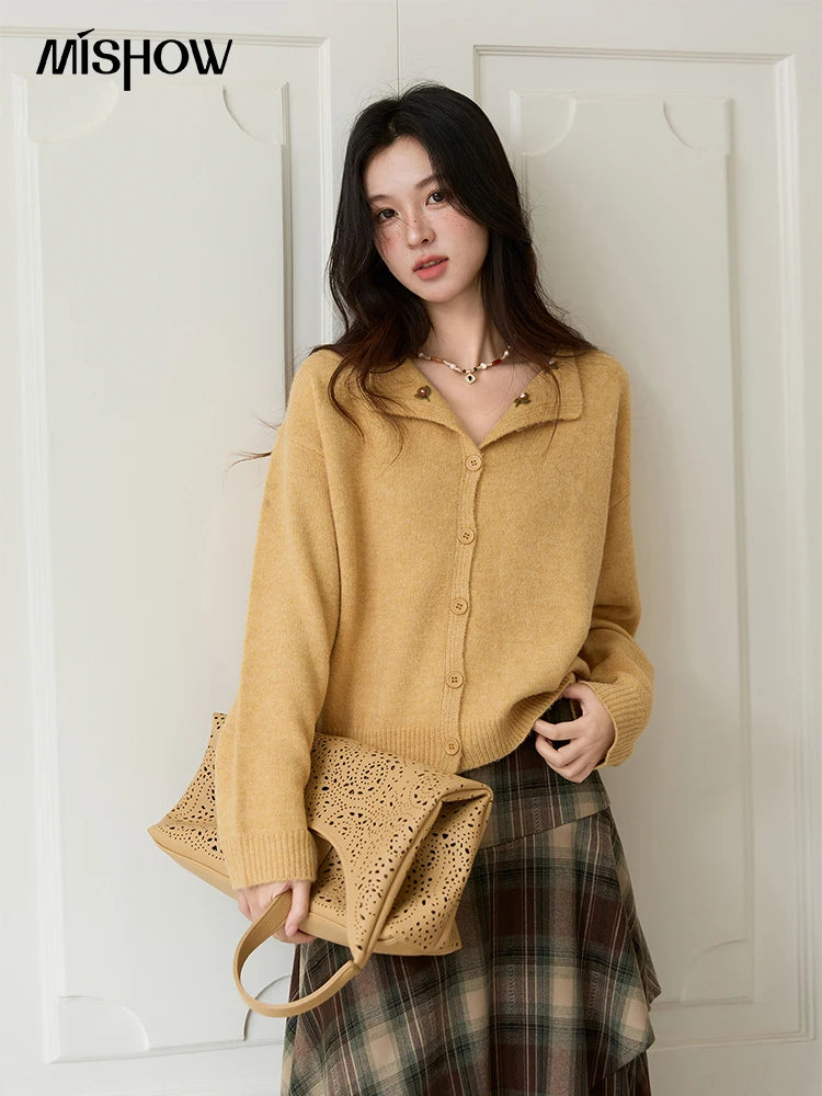 MISHOW Women's Autumn Cardigan 2025 Retro Yellow Handmade Flower Cardigan Turn-down Collar Knitted Commute Cardigan MXE47Z2591
