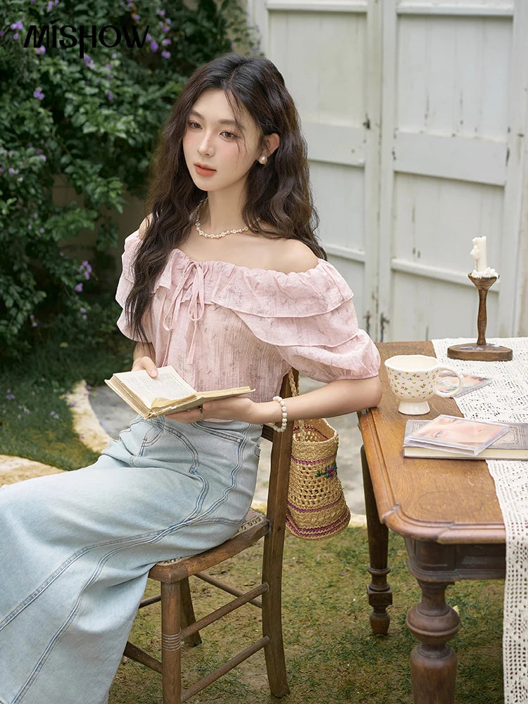 MISHOW French Retro Floral Short Sleeve Blouses Summer 2025 Loose One Line Shoulder Ruffled Edge Lace Up Sweet Top MXD25X1520