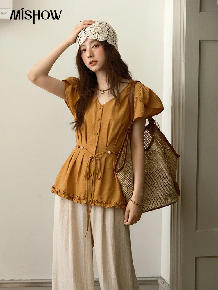 MISHOW Women's Petal Sleeve Slim Shirt 2025 Summer New V-neck Button Bead belt Black Fungus Edge Top Ladies Clothing MXE39X1881