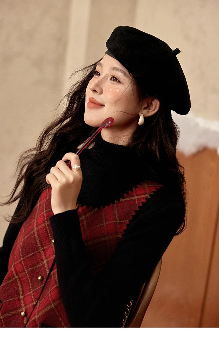 MISHOW Plaid Dress for Women Winter 2024 Contrasting Color Square Neck Plaid Dresses Woolen Sleeveless Vest Dress MXD58L2078