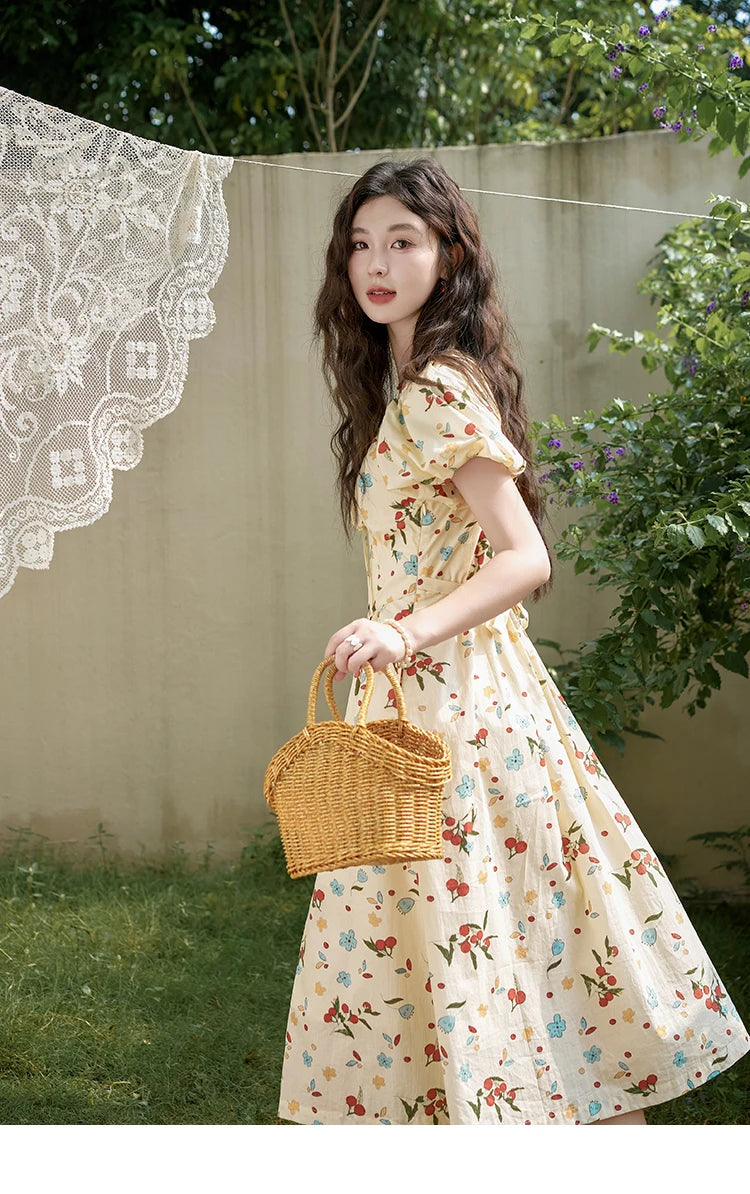 MISHOW French 100 Cotton Floral V-neck Dress Women 2025 Summer Bubble Sleeve Drawstring Lace-up Temperament Dresses MXD30L1868