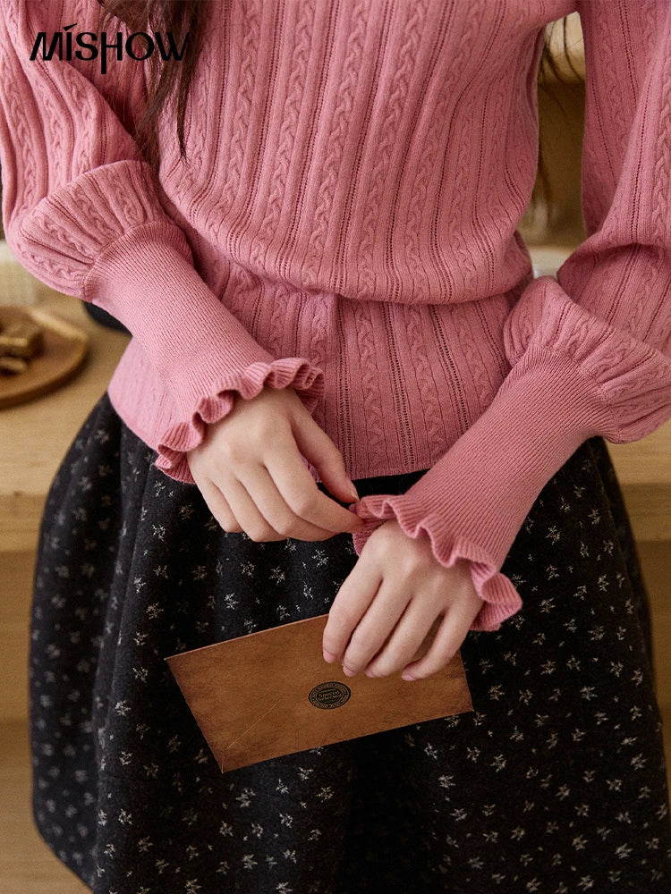 MISHOW Women's Half Turtleneck Ruffle Trim Lantern Sleeve Bottoming Tops 2025 Winter Vertical Rib Slim Knitted Top MXE93Z2810