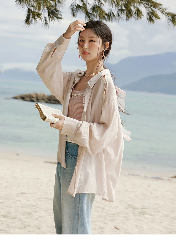 MISHOW Office Lady Summer Blouses Women 2025 New Striped Long Sleeve Turn-down Collar Shirt Female Fashion Loose Tops MXE33C0772