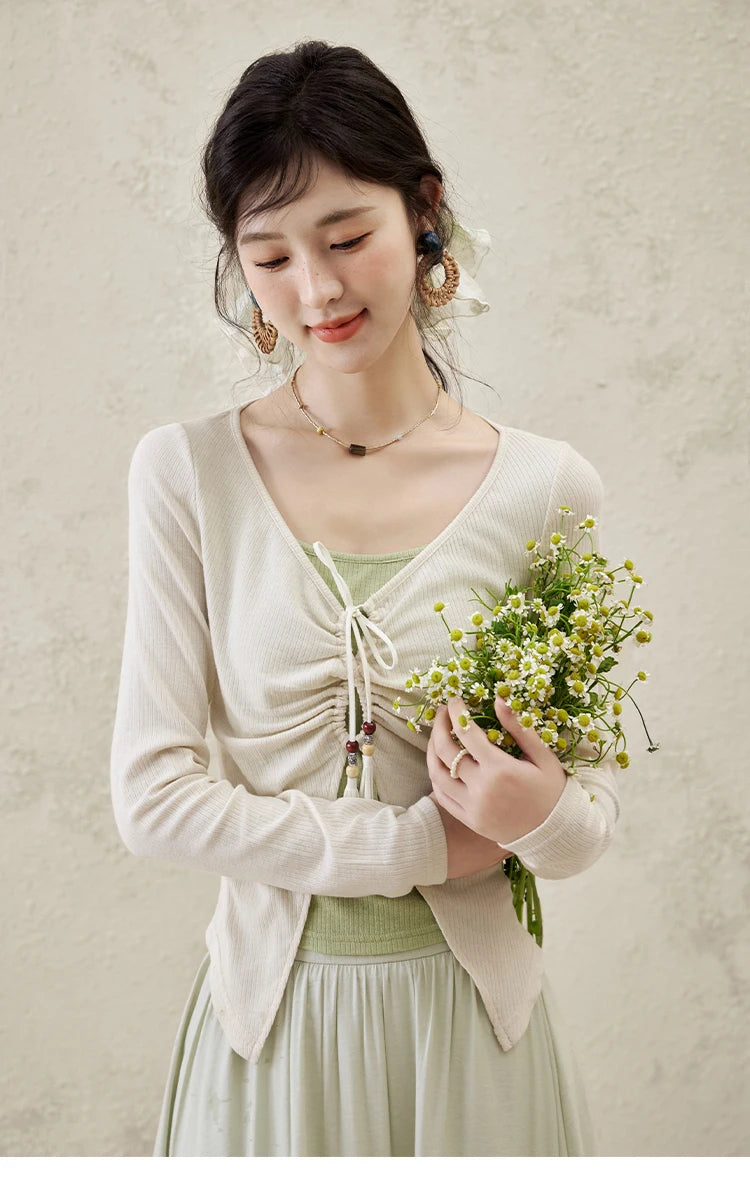 MISHOW Women's Fake Two Patchwork Knitted Spring 2025 Contrast Drawstring Strap Lace-up Tops Retro V-neck Thin Top MXE15Z1185