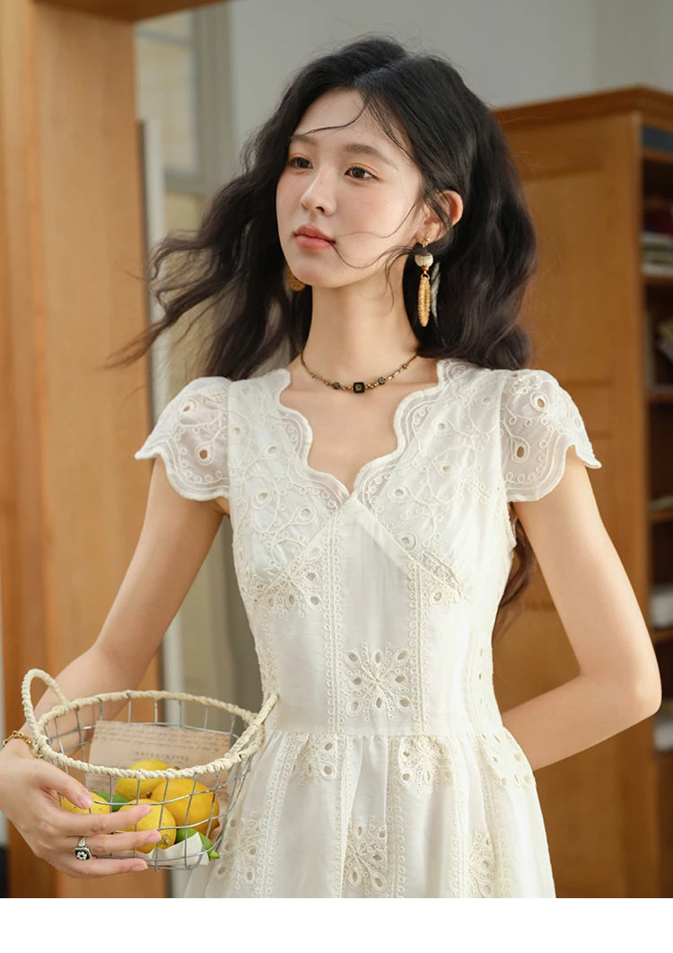 MISHOW Women's Flying Sleeve V-neck Hollow Dress 2025 Summer Embroidery A-line Dress Seaside Vacation Long Dresses MXE39L2404