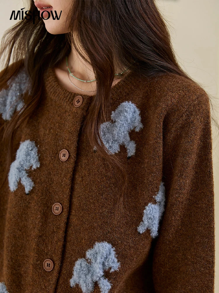 MISHOW Lamb Jacquard Knit Cardigan Women 2025 Autumn New Lambskin Round Neck Single-breasted Commuting Loose Sweater MXE48Z2571